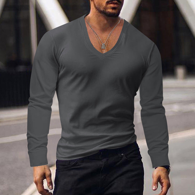 Men's Summer Long-sleeve Top Bottoming Shirt V-neck T-shirt